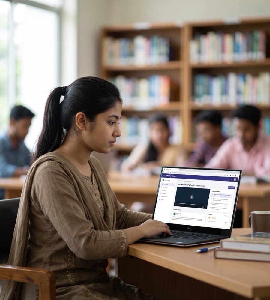 A student using the Protigya LMS on a laptop in a campus library
